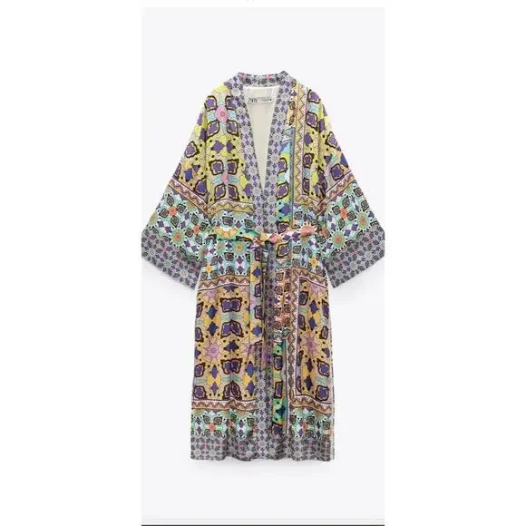 Zara Satin Effect Printed Belted Kimono Robe